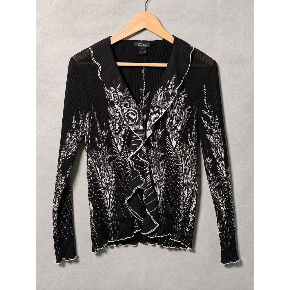 Caelian Women’s Black White Pleated Ruffle Cardigan Top Size L Whimsigoth Y2K